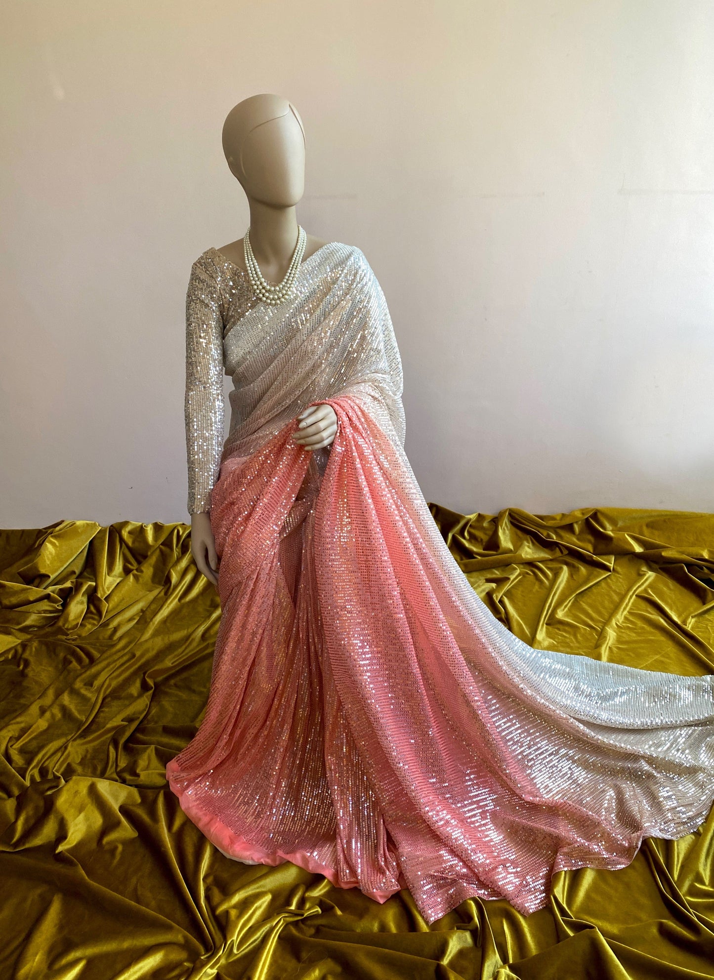 Carnation Peach Ombré Sequin Saree