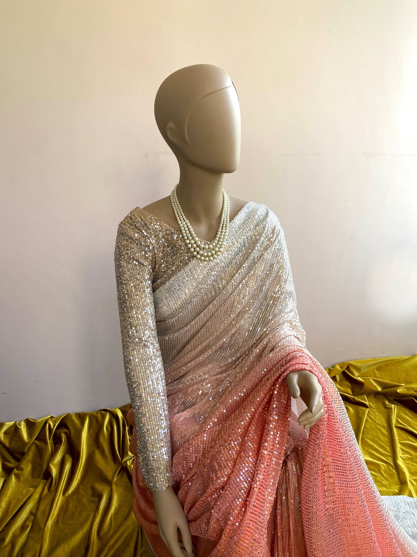Carnation Peach Ombré Sequin Saree
