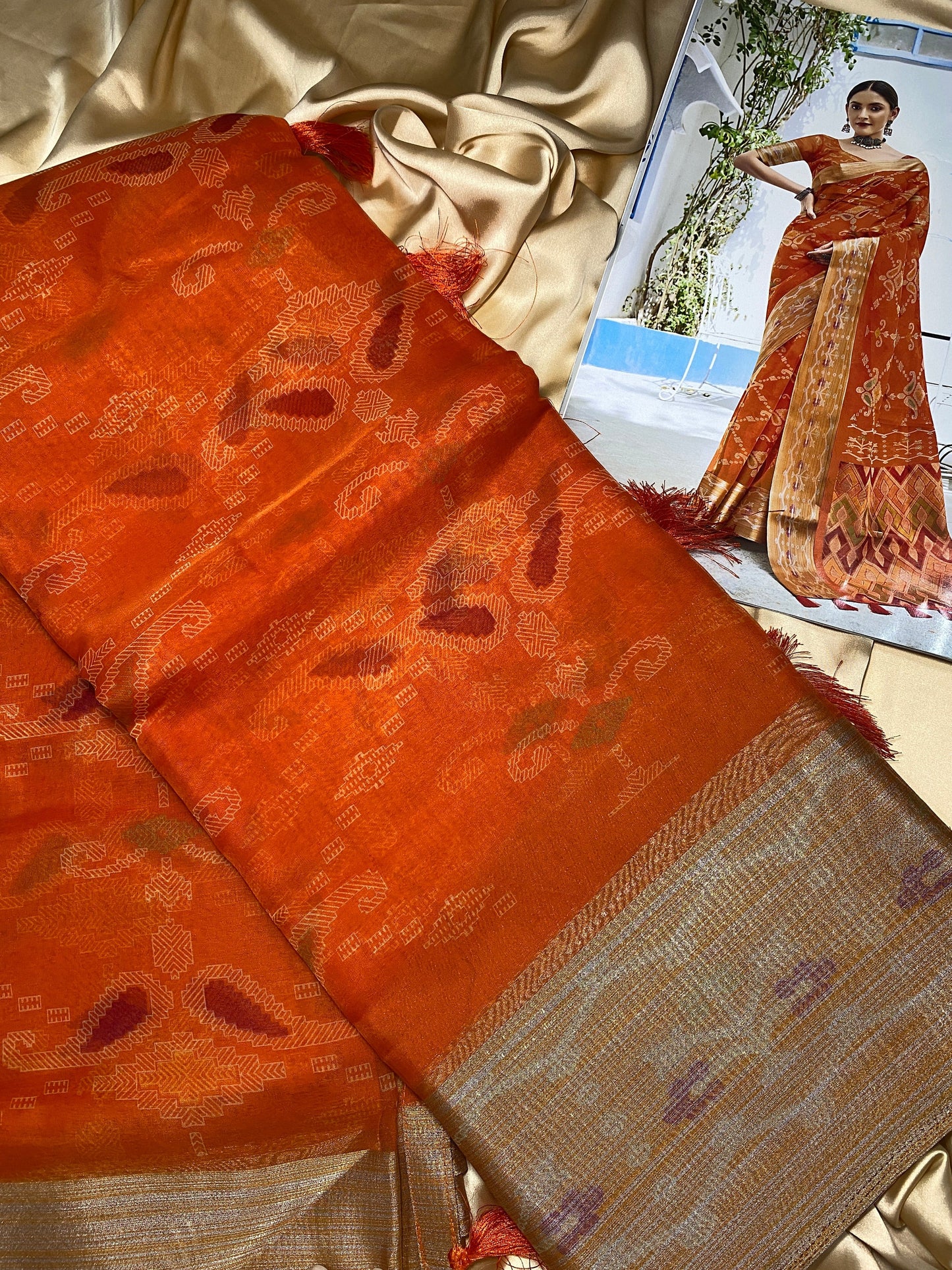 Printed Organza tangerine saree