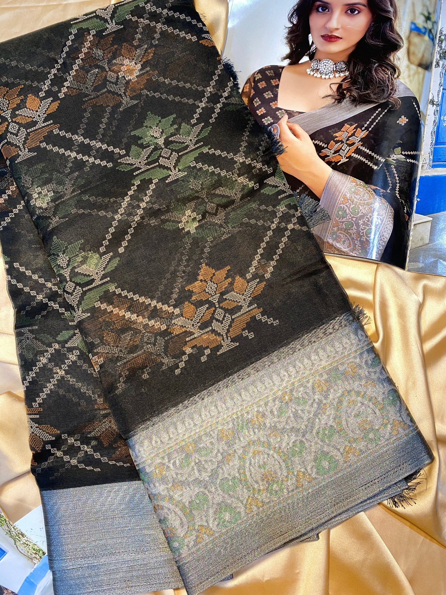 Printed Organza Dull black saree