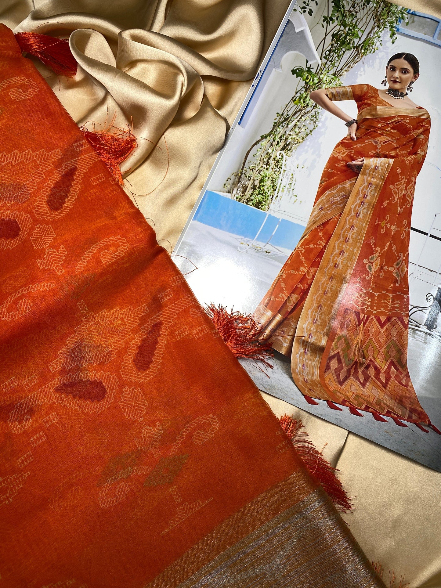 Printed Organza tangerine saree