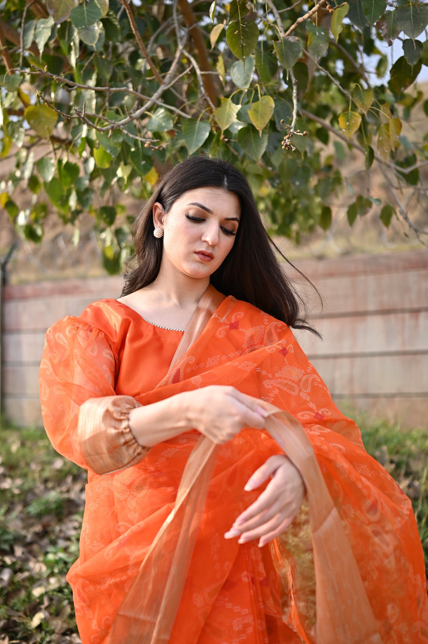 Printed Organza -Tangerine Stitched Set