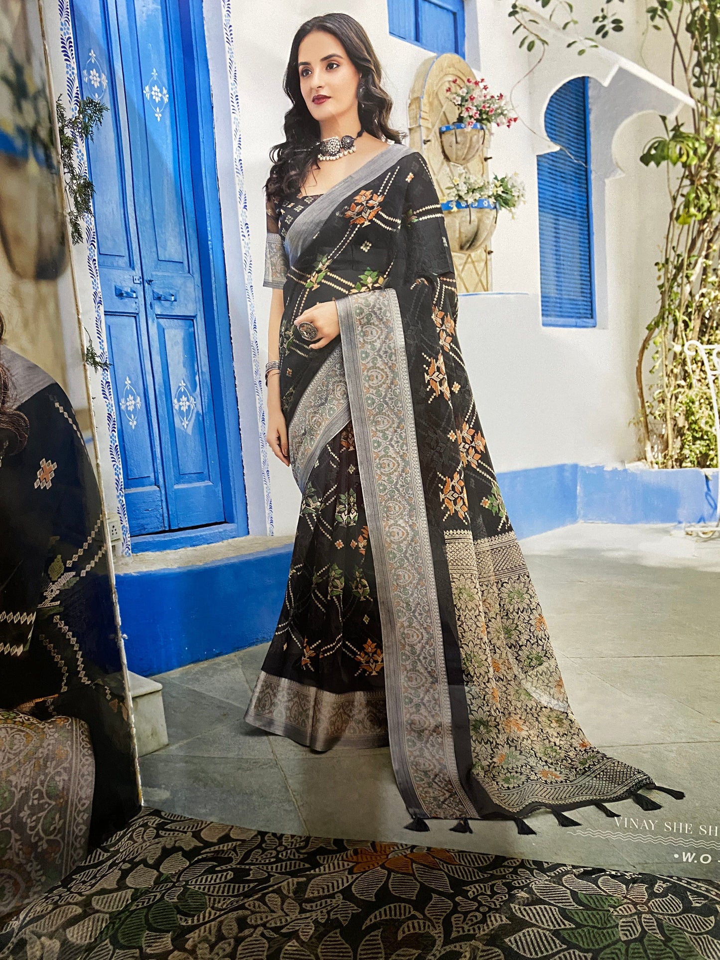 Printed Organza Dull black saree