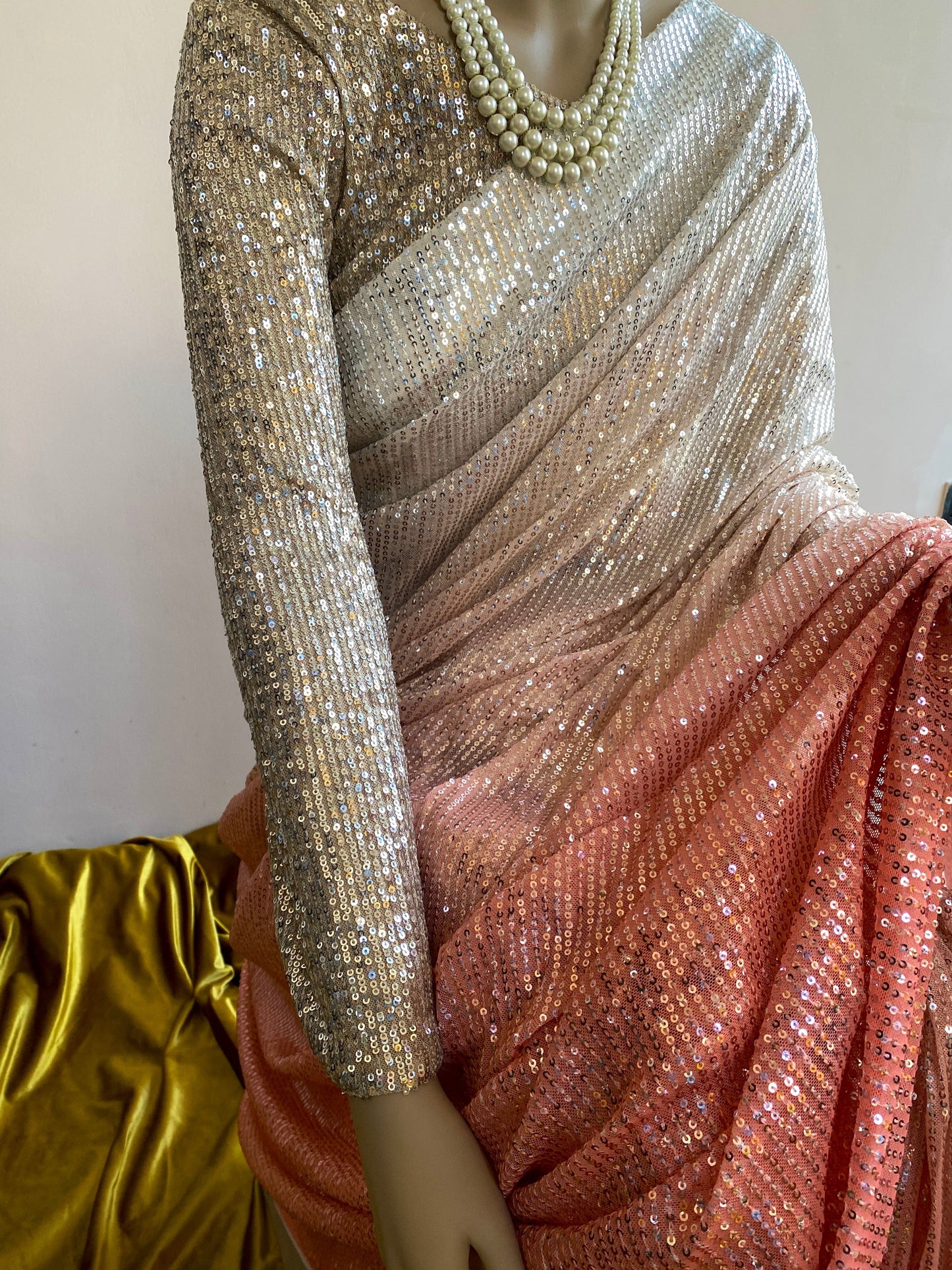 Carnation Peach Ombré Sequin Saree