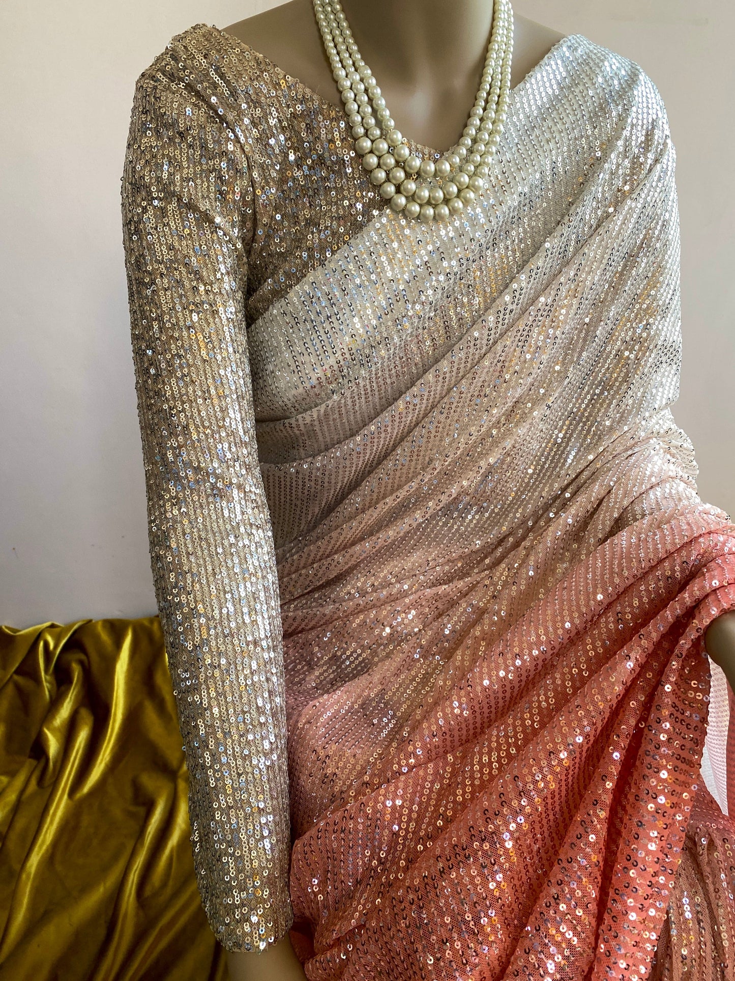 Carnation Peach Ombré Sequin Saree