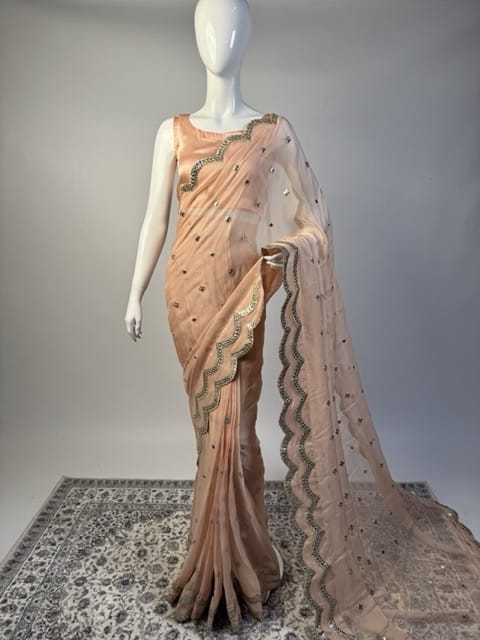 Amaltas- Peach chiffon Foil work saree
