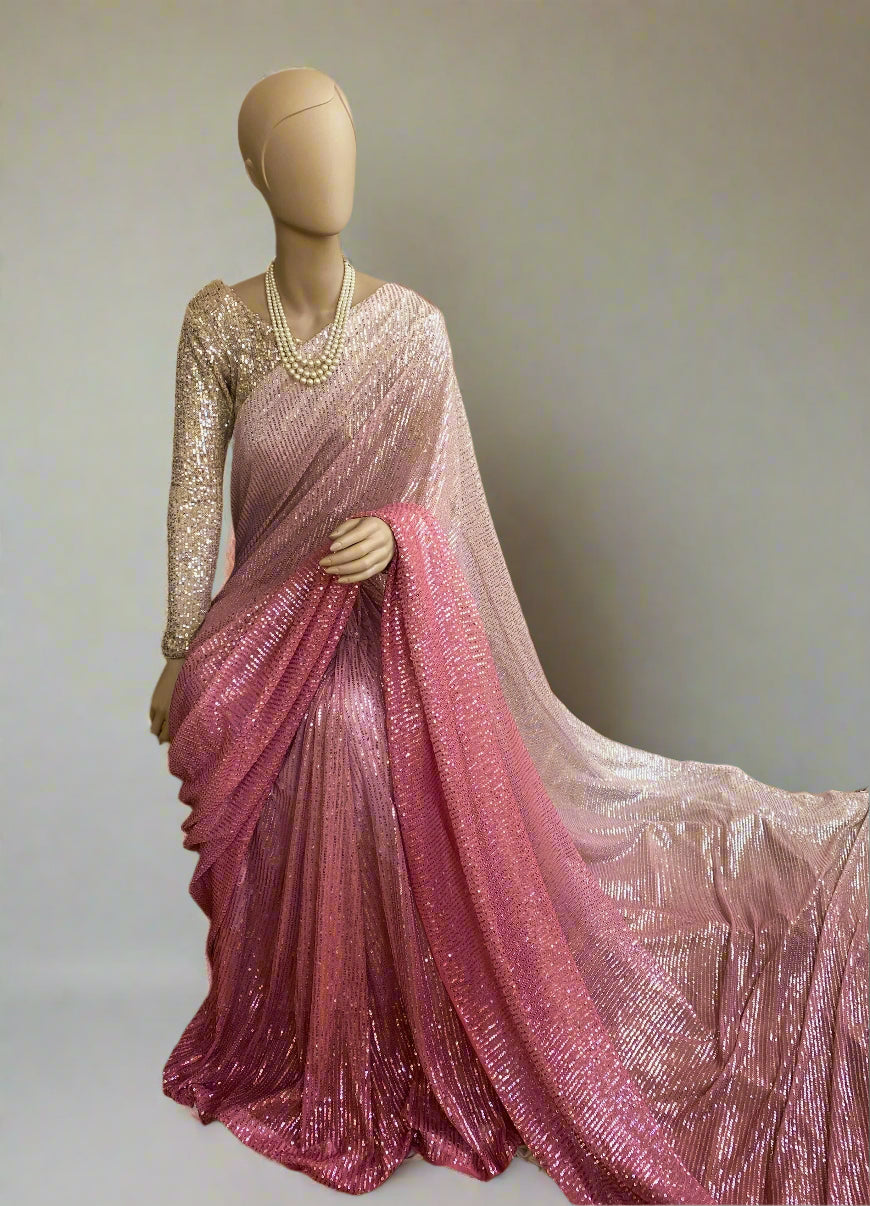Salmon Pink Ombré Sequin Saree