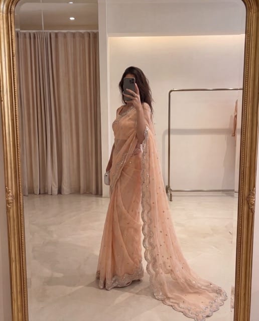Amaltas- Peach chiffon Foil work saree