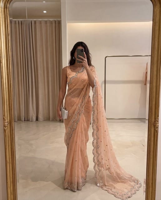 Amaltas- Peach chiffon Foil work saree