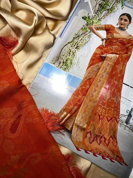 Printed Organza tangerine saree