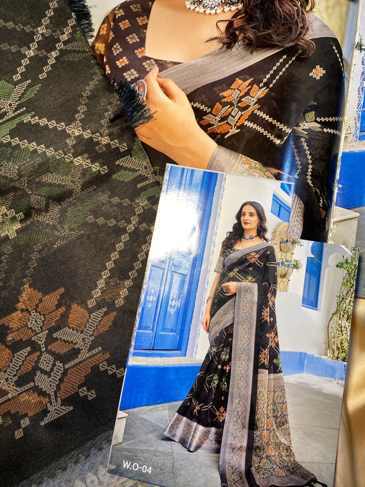 Printed Organza Dull black saree