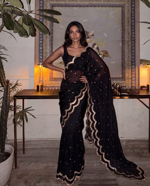 Amava - Black chiffon Foil work saree
