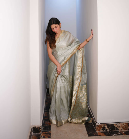 Pastel Gold - Semi pure shimmer tissue saree