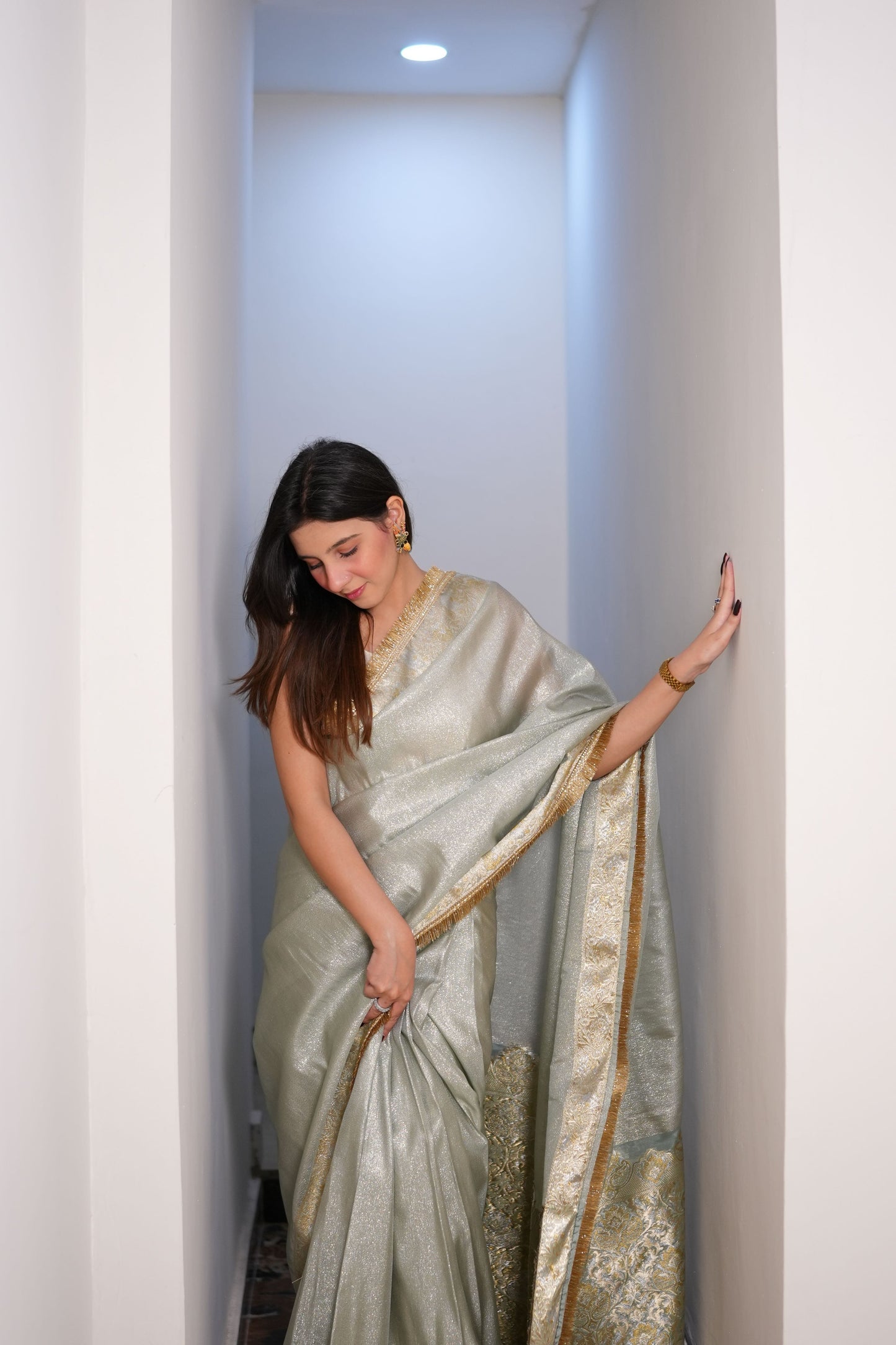 Pastel Gold - Semi pure shimmer tissue saree