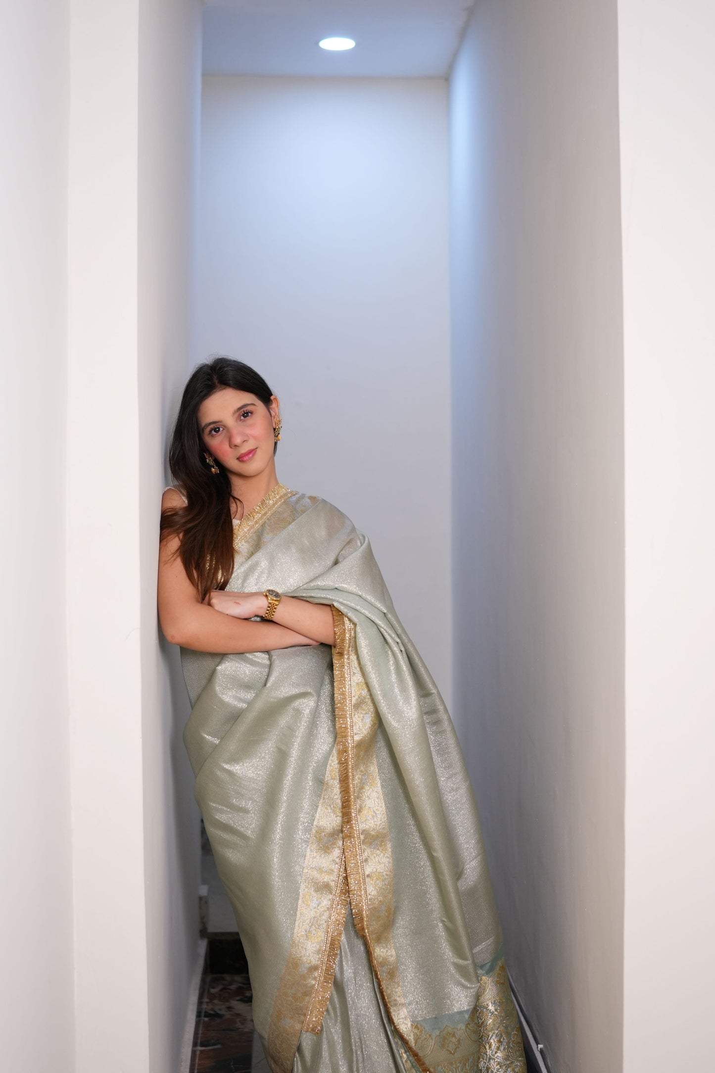 Pastel Gold - Semi pure shimmer tissue saree