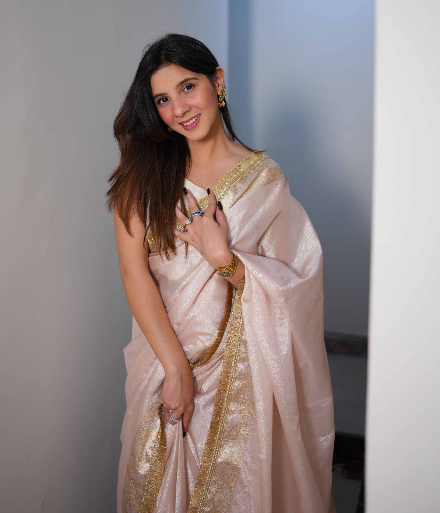 Liquid Pink - Semi pure shimmer tissue saree