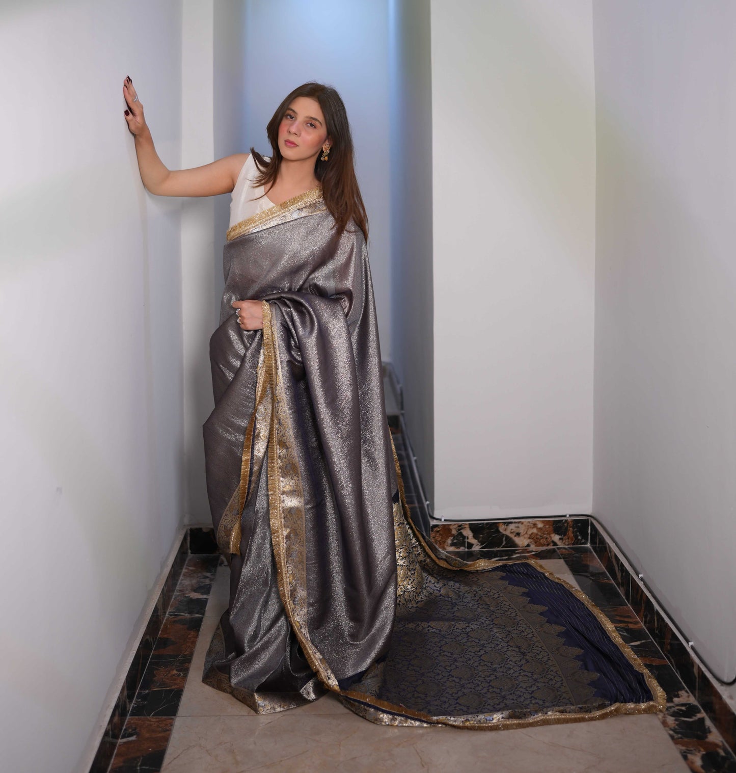 Metalic blue  - Semi pure shimmer tissue saree