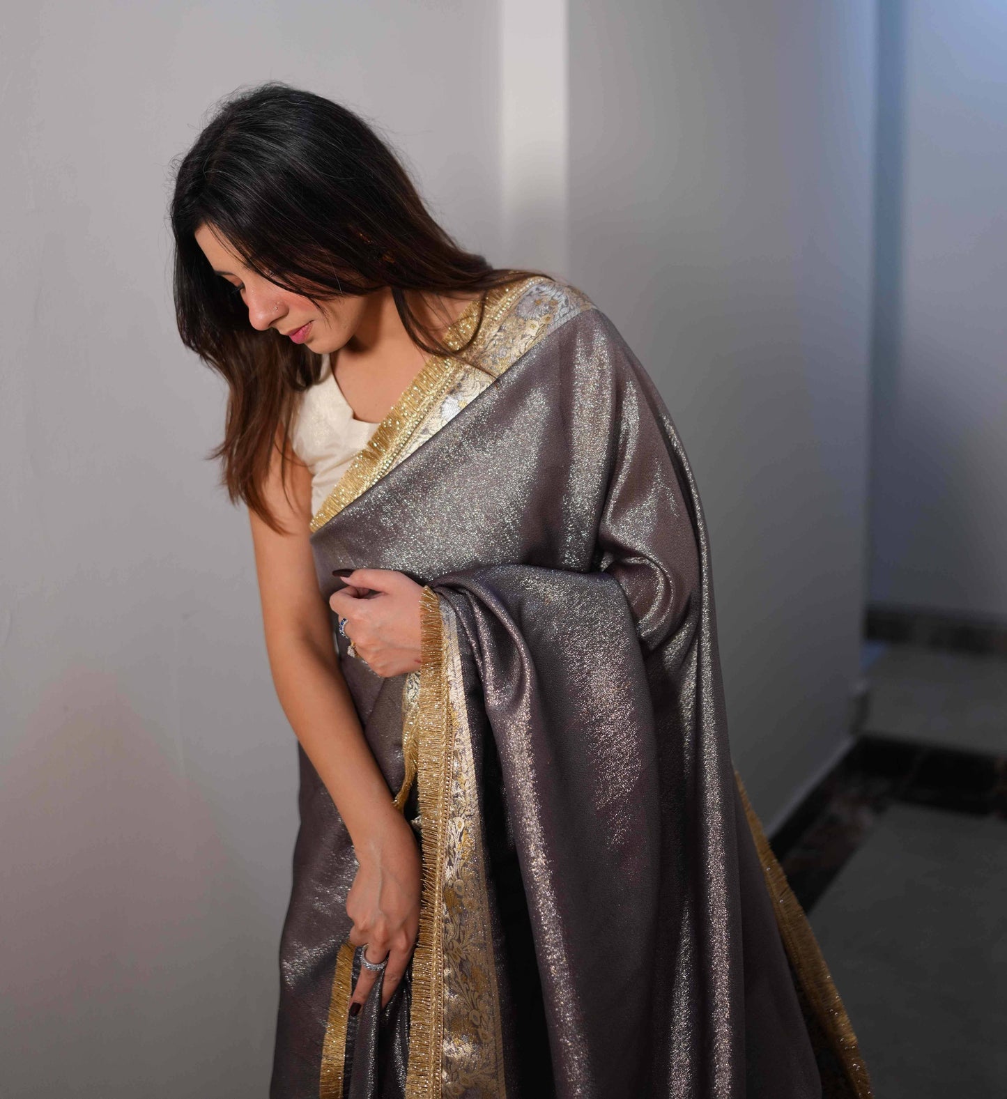 Metalic blue  - Semi pure shimmer tissue saree