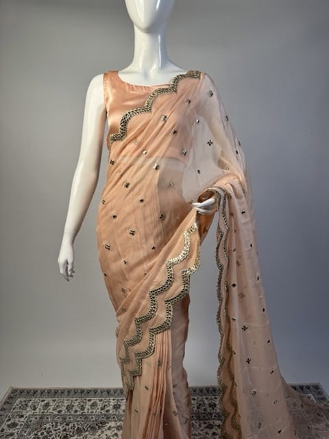 Amaltas- Peach chiffon Foil work saree