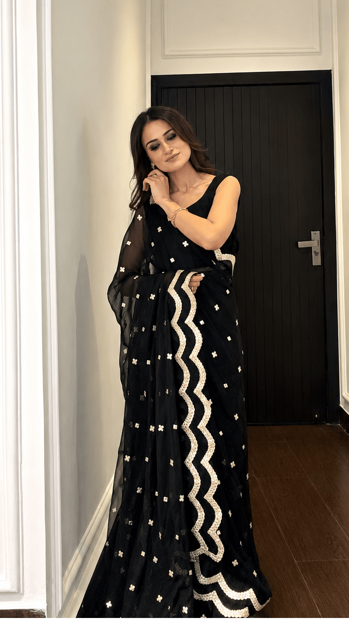 Amava - Black chiffon Foil work saree